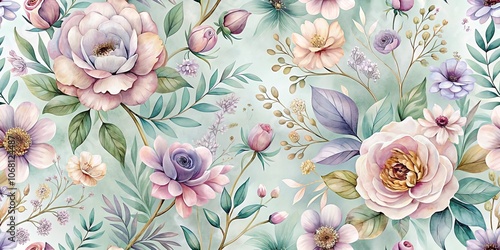 Wallpaper Mural Delicate Watercolor Floral Pattern on a Soft Green Background with Roses, Buds, and Delicate Blooms Torontodigital.ca