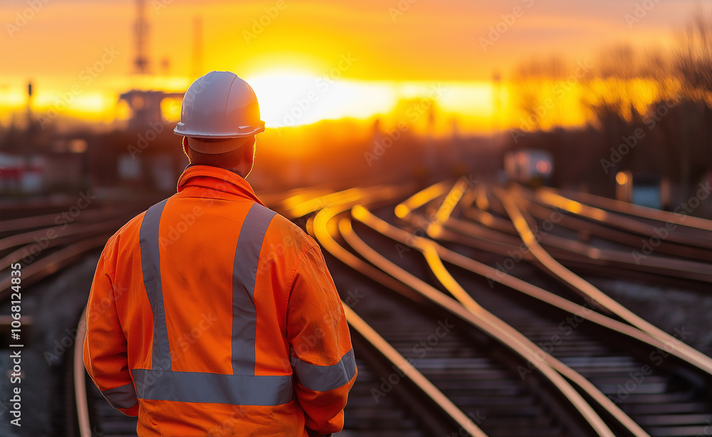Railway worker in a high-visibility jacket and helmet inspecting train tracks at sunrise.
Railway worker in a high-visibility jacket and helmet inspecting train tracks at sunrise.