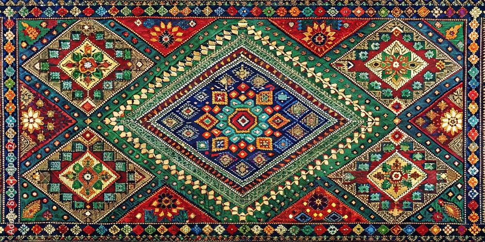 Intricate Tapestry of Geometric Shapes and Floral Motifs, Adorned with Metallic Accents and Vibrant Hues Intricate Tapestry of Geometric Shapes and Floral Motifs, Adorned with Metallic Accents and Vibrant Hues