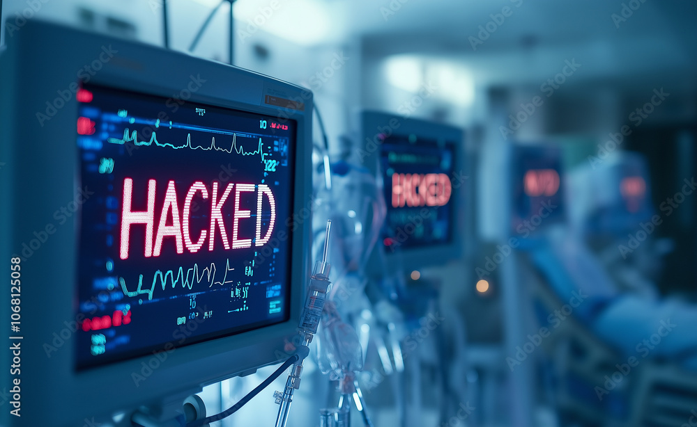 Close-up of a hacked medical monitor in a dark hospital environment, highlighting cybersecurity risks. Close-up of a hacked medical monitor in a dark hospital environment, highlighting cybersecurity risks.