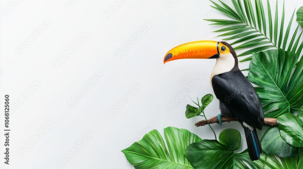 Fototapeta premium Toucan perched among vibrant tropical leaves, white background.