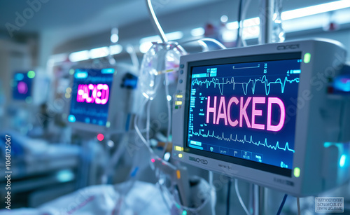 Close-up of a hacked medical monitor in a dark hospital environment, highlighting cybersecurity risks. photo