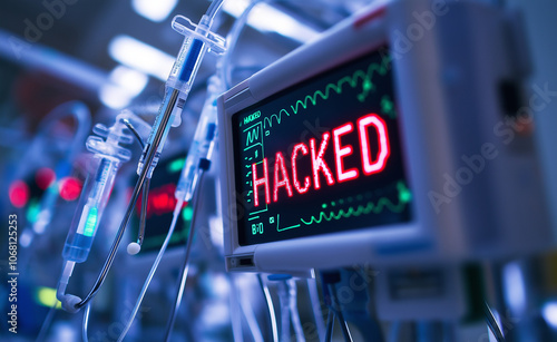 Close-up of a hacked medical monitor in a dark hospital environment, highlighting cybersecurity risks. photo