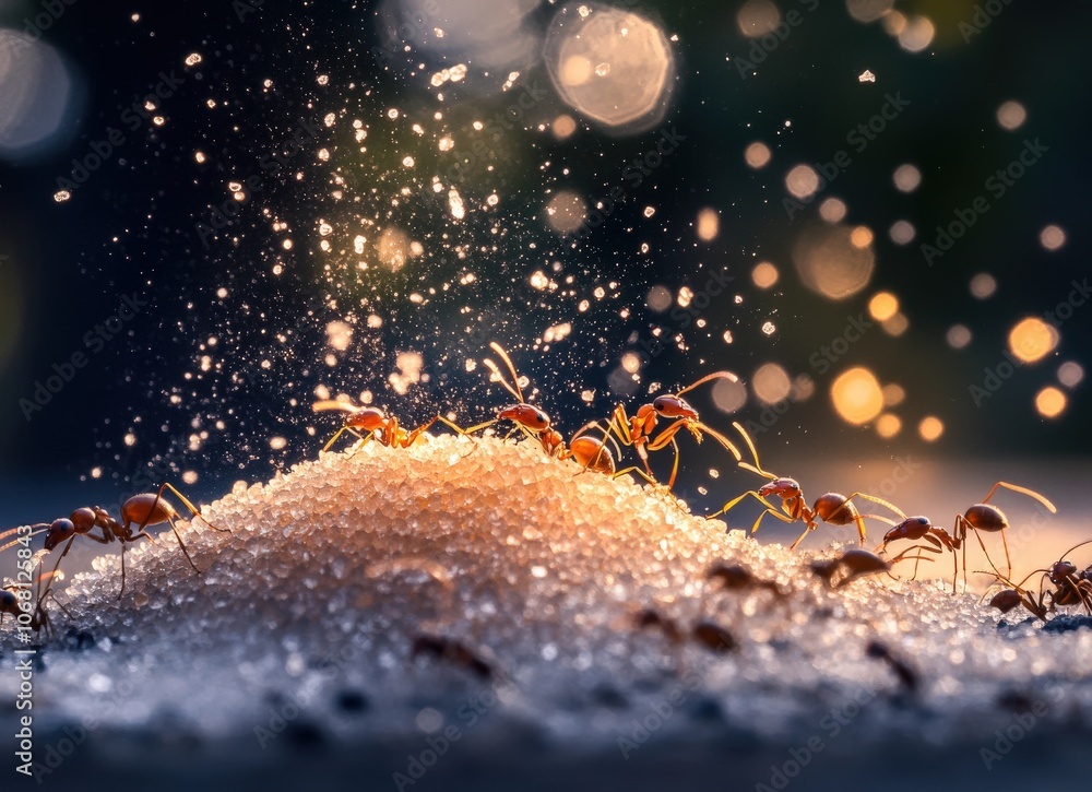 Ants gathering around a mound of sugar in a close-up photograph. Ants gathering around a mound of sugar in a close-up photograph.