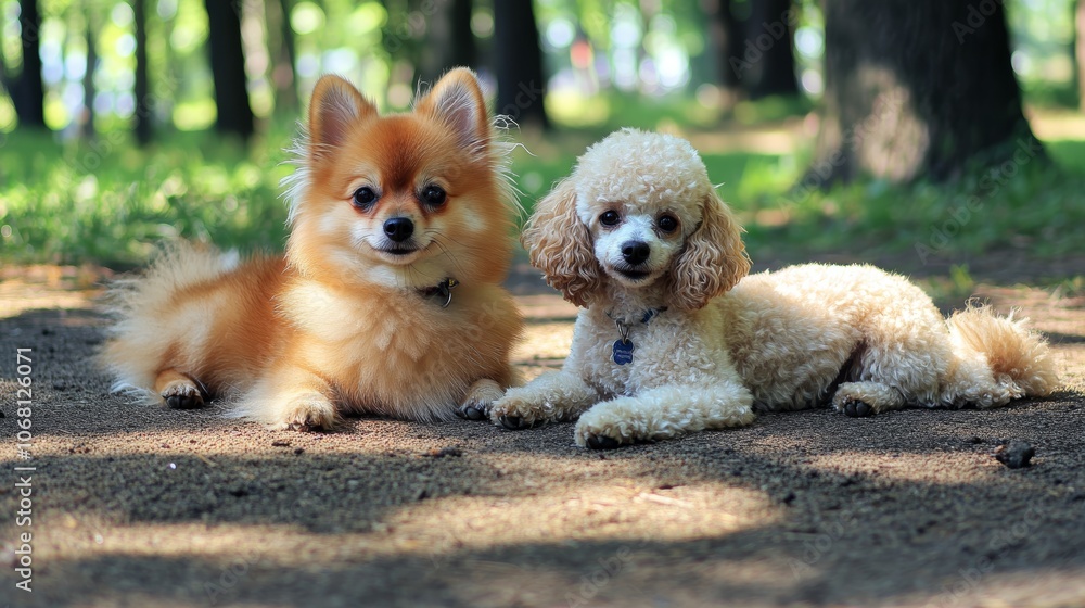 Photo of 2 young cute dogs in the park - pomeranian spitz and miniature poodle photo taken in riga latvia Photo of 2 young cute dogs in the park - pomeranian spitz and miniature poodle photo taken in riga latvia