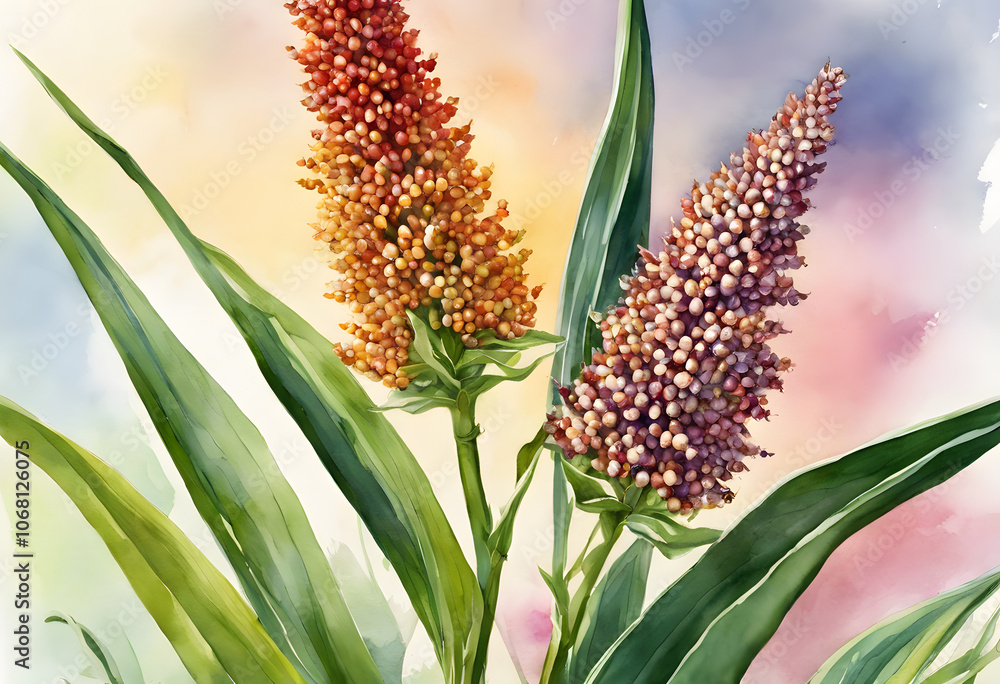 Fototapeta premium Watercolor painting of sorghum plant, showcasing its vibrant colors and intricate details, suitable for seed packaging or agricultural designs.
