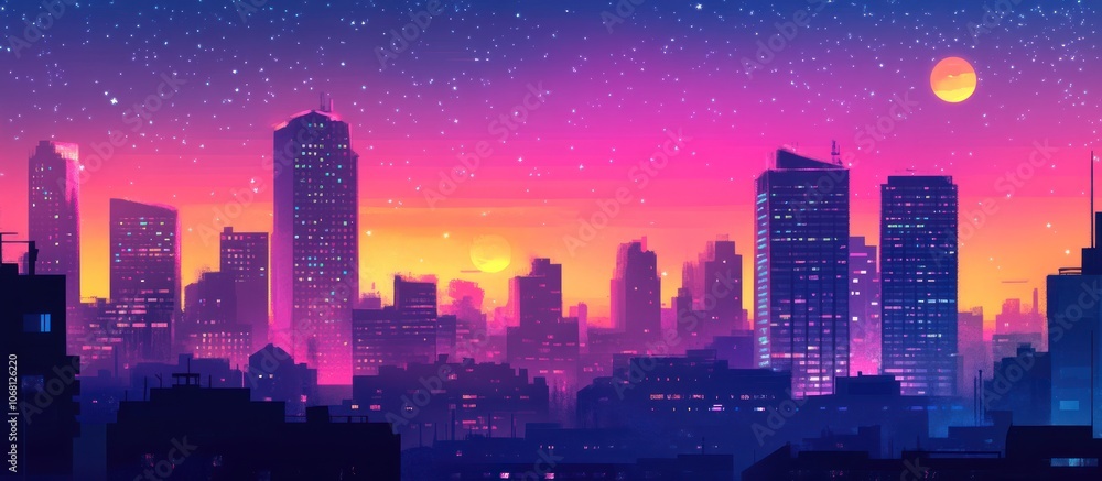 Silhouette of city skyline at twilight with neon lights and stars. Silhouette of city skyline at twilight with neon lights and stars.