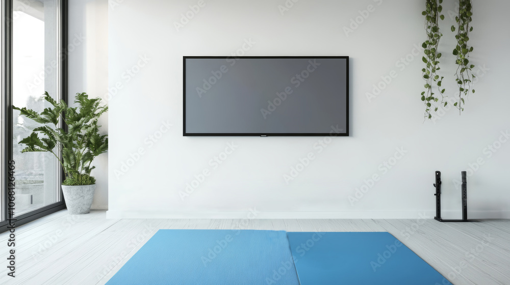 Modern wide screen tv on white wall in room with yoga mat Modern wide screen tv on white wall in room with yoga mat