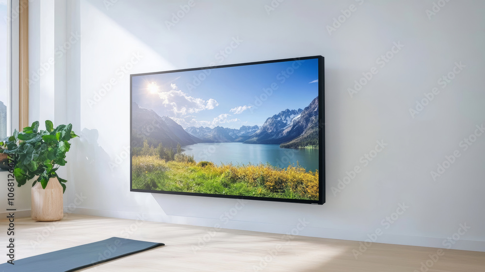 Fototapeta premium Modern wide screen tv on white wall in room with yoga mat