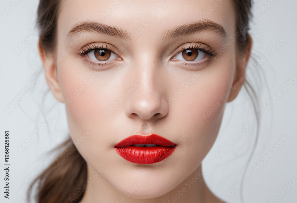 Close-up of a woman's face with bold red lipstick. Close-up of a woman's face with bold red lipstick.