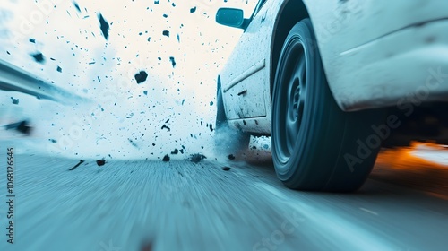 High speed car crash into highway divider with debris and vehicle parts exploding and flying off in a dramatic chaotic scene of destruction and intensity