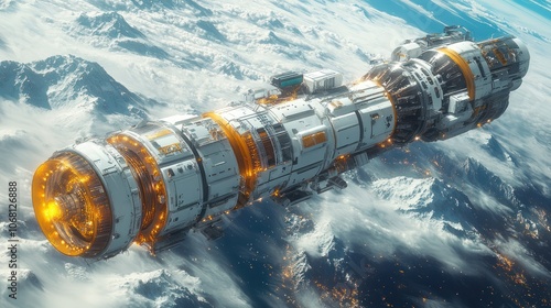 3D concept of graphene battery energy storage powering a space station.