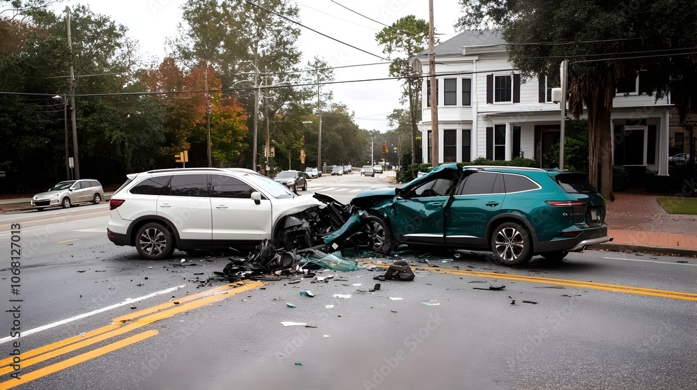 Dramatic T Bone Crash Between an SUV and Sedan at a Busy Urban Intersection Leaving a Trail of Shattered Glass and Twisted Metal Across the Street Dramatic T Bone Crash Between an SUV and Sedan at a Busy Urban Intersection Leaving a Trail of Shattered Glass and Twisted Metal Across the Street