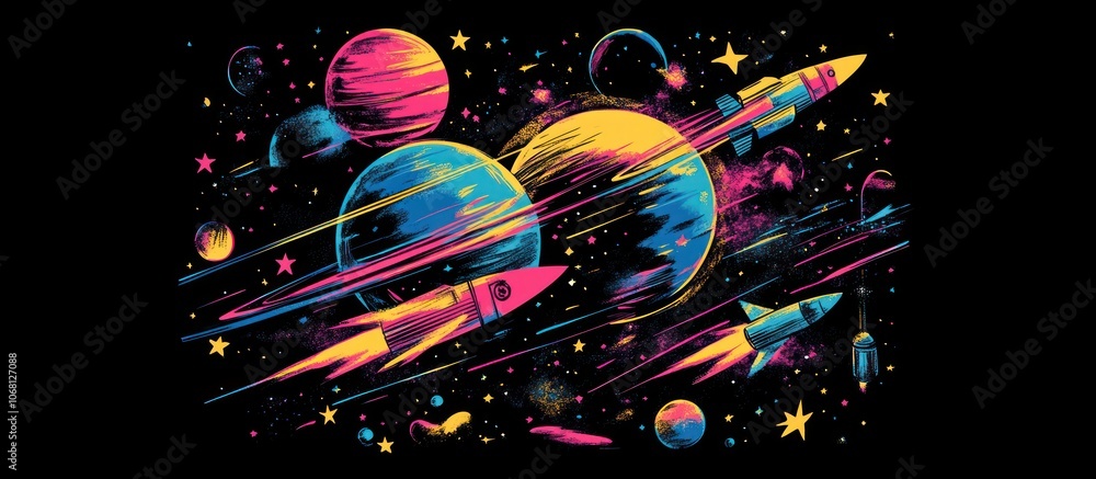 Retro space-themed shirt design with planets, stars, and rockets, vibrant 80s-inspired colors, nostalgic sci-fi feel, large and bold central print Retro space-themed shirt design with planets, stars, and rockets, vibrant 80s-inspired colors, nostalgic sci-fi feel, large and bold central print