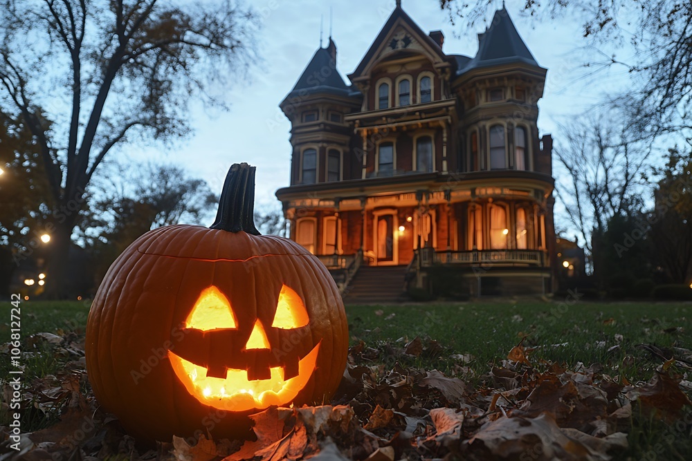Halloween night with a glowy carving pumpkin in front of a haunted house Halloween night with a glowy carving pumpkin in front of a haunted house