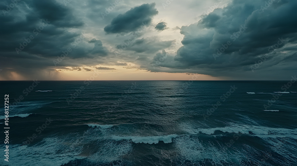 Obraz premium Dramatic storm clouds gathering over the ocean, intense weather, approaching storm
