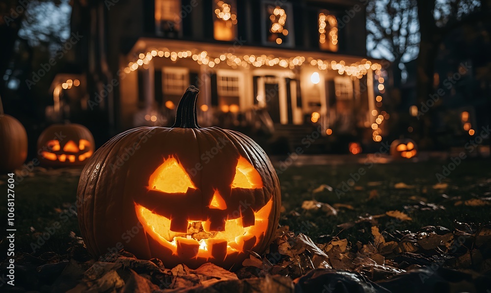 Halloween night with a glowy carving pumpkin in front of a haunted house Halloween night with a glowy carving pumpkin in front of a haunted house