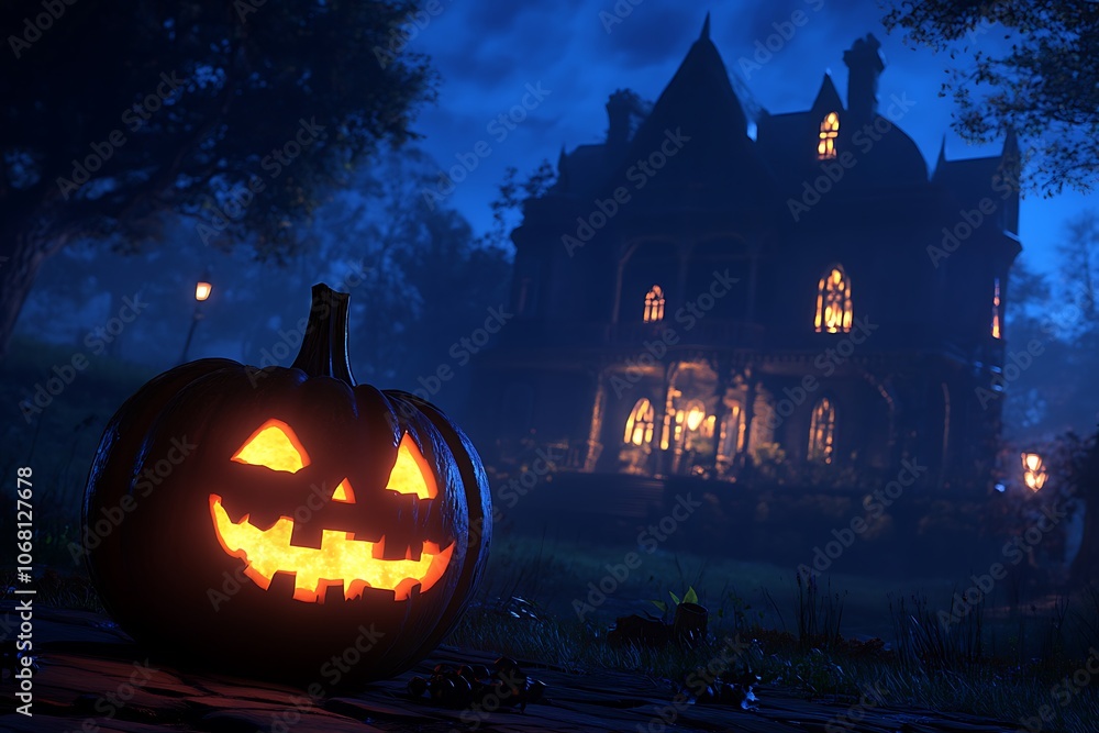 Halloween night with a glowy carving pumpkin in front of a haunted house Halloween night with a glowy carving pumpkin in front of a haunted house