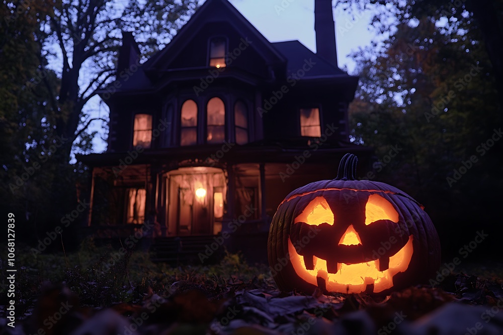Halloween night with a glowy carving pumpkin in front of a haunted house Halloween night with a glowy carving pumpkin in front of a haunted house