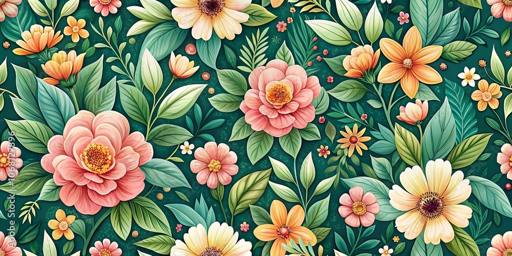 A Lush Tapestry of Delicate Blooms and Verdant Foliage, Intertwined in a Seamless Pattern of Nature's Elegance A Lush Tapestry of Delicate Blooms and Verdant Foliage, Intertwined in a Seamless Pattern of Nature's Elegance