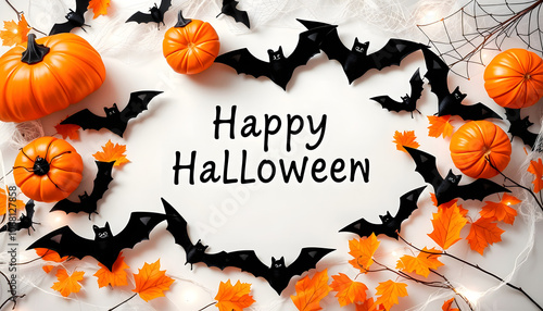 Halloween party decorations frame from bats, spider web top view. Happy halloween holiday greeting card flat lay style highlighted by white, png photo