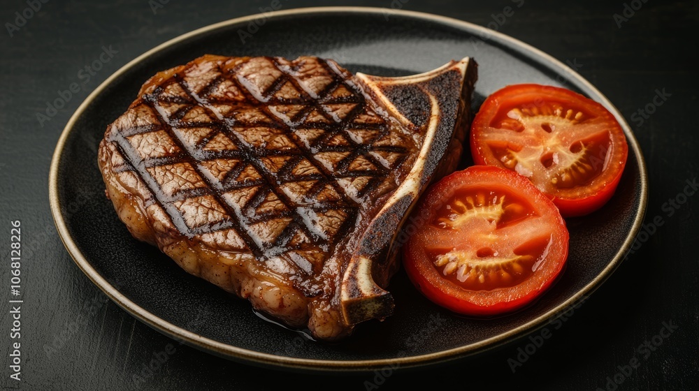 Grilled porterhouse beef meat steak cooked t bone in a plate with tomato dark background top view