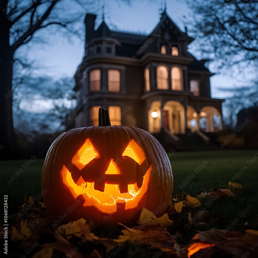  Halloween night with a glowy carving pumpkin in front of a haunted house 