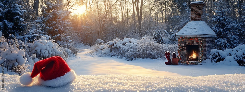 Santa Claus Hat and Boots Near a Chimney in a Snow-Covered Yard, Creating a Fun and Festive Scene with a Wide, Blank Space for Adding Personalized Holiday Text Santa Claus Hat and Boots Near a Chimney in a Snow-Covered Yard, Creating a Fun and Festive Scene with a Wide, Blank Space for Adding Personalized Holiday Text
