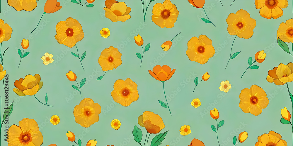 Yellow Flower Pattern Green Background Floral Art Yellow Flower Pattern Green Background Floral Art