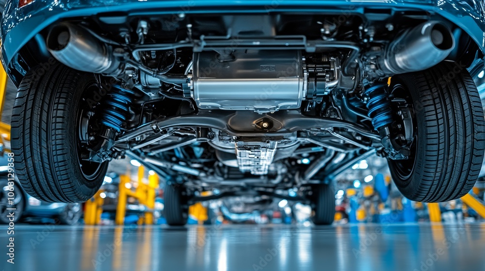 Fototapeta premium Auto mechanic view of bottom of the car rear differential axle wide angle rear suspension system and components of exhaust system in passenger city car all wheel drive system vehicle