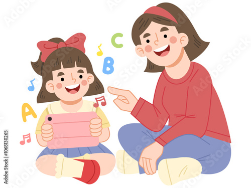 Vector illustration of mother and daughter enjoying screen time