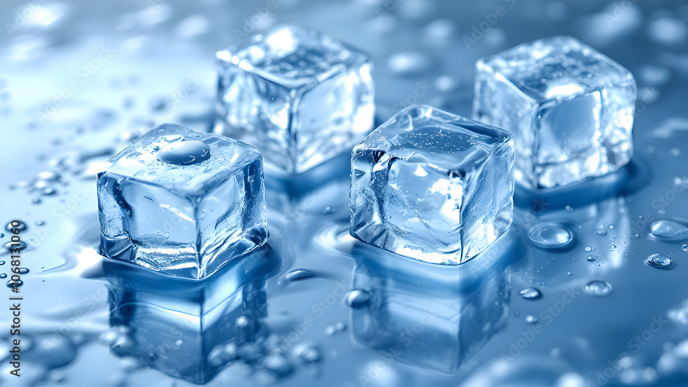 Close-Up of Melting Ice Cubes on Glass Surface with Water Trails Close-Up of Melting Ice Cubes on Glass Surface with Water Trails