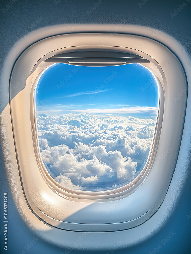 Airplane window view of blue sky and white clouds from inside the cabin with flight seat in the foreground Airplane window view of blue sky and white clouds from inside the cabin with flight seat in the foreground