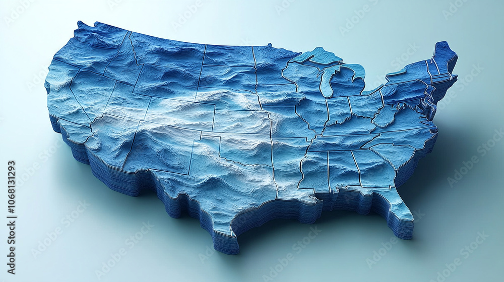 A modern 3D illustration of the United States map, featuring bold colors, sharp edges, and elevated surfaces. Perfect for business, education, and geographic analysis, symbolizing unity, diversity, an A modern 3D illustration of the United States map, featuring bold colors, sharp edges, and elevated surfaces. Perfect for business, education, and geographic analysis, symbolizing unity, diversity, an