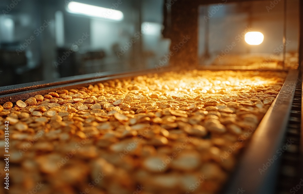 Fototapeta premium A close-up of crispy breads baking in a commercial oven