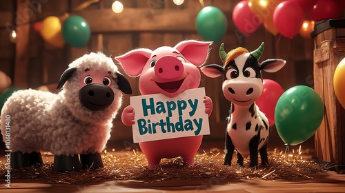 Cute farm animals such as a pig, sheep, and cow holding 