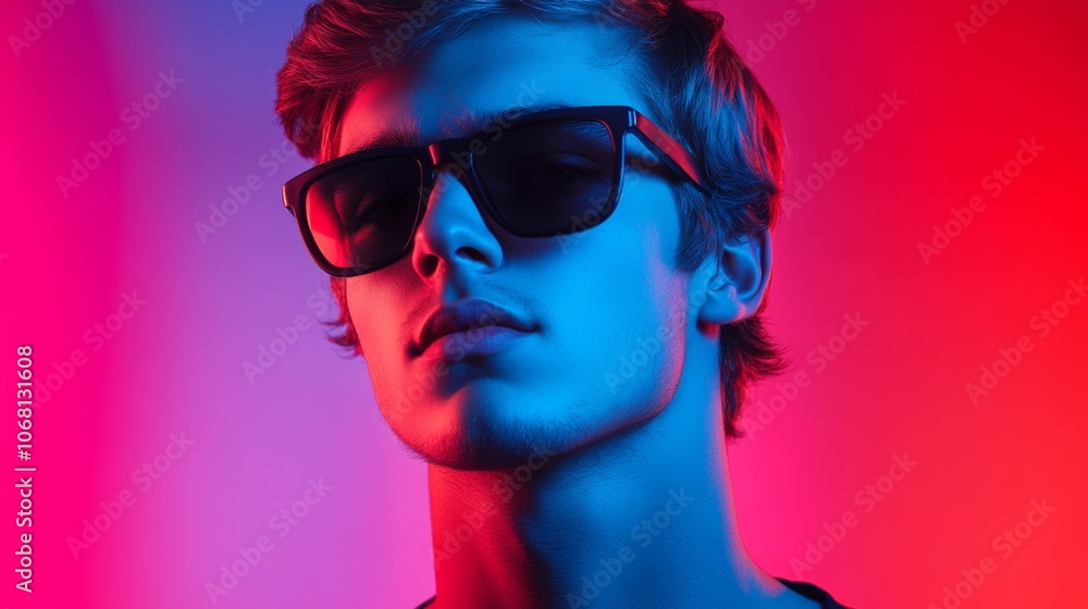 Stylish Young Man in Sunglasses Neon Red Blue Light Portrait Stylish Young Man in Sunglasses Neon Red Blue Light Portrait