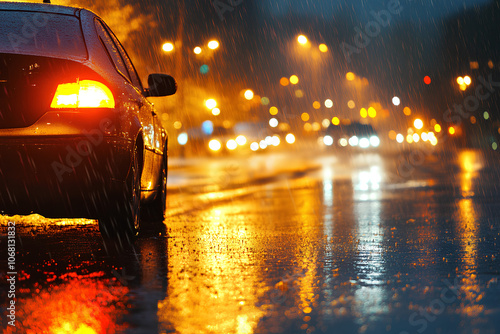 Light rain falling on a city street at night, wet weather, reflections on the pavemen photo