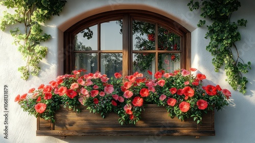 A cozy corner window with flower boxes and blooming flowers, shown on a white background.