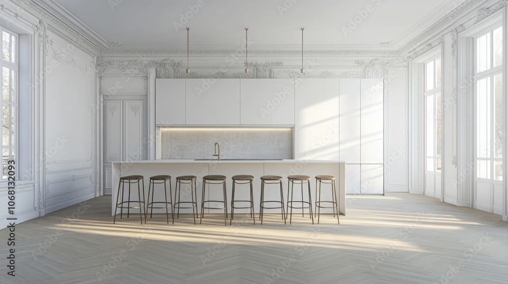 Naklejka premium Kitchen and dining island with high bar stools in a minimalistic modern luxury design of an expensive house on a sunny day white walls with plaster parquet decorative lighting and no one inside