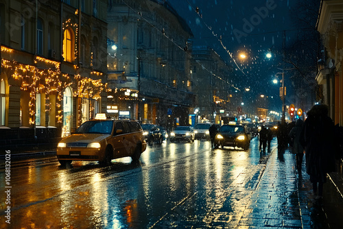 Light rain falling on a city street at night, wet weather, reflections on the pavemen photo