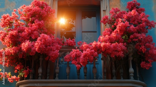 A cozy sunlit balcony covered in bright pink bougainvillea, shown in 4K detail.