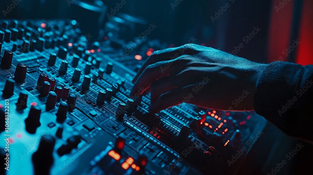 Obraz premium This is a close-up slide show of a sound producer's hand utilising a music mixer and editing equipment in a recording studio.