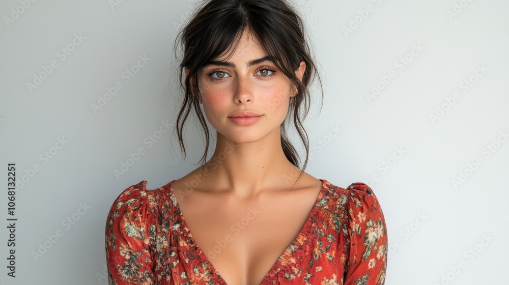 Beautiful Woman Red Floral Dress Fashion Portrait Studio Shot Beautiful Woman Red Floral Dress Fashion Portrait Studio Shot