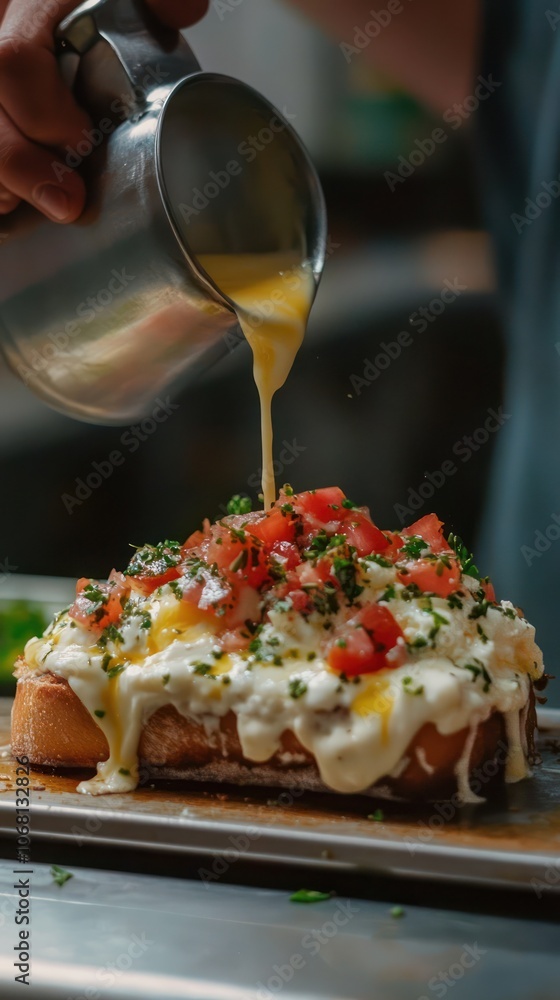Delicious Toasted Bread with Tomato, Egg, and Sauce Delicious Toasted Bread with Tomato, Egg, and Sauce