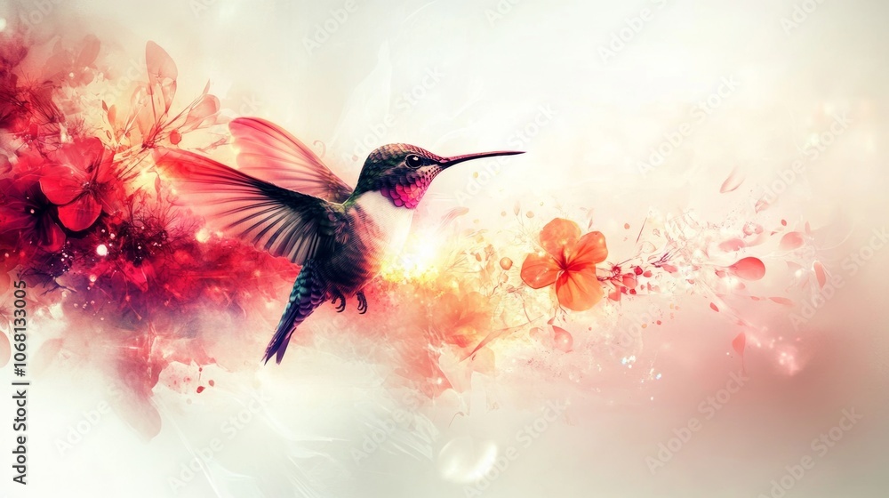 Hummingbird in Flight Red Flowers Abstract Art Nature Design Hummingbird in Flight Red Flowers Abstract Art Nature Design