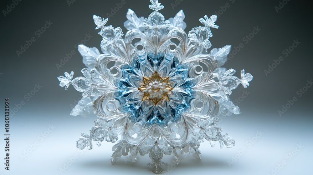 A crystal snowflake Christmas decoration with delicate cutouts, floating on a white background. A crystal snowflake Christmas decoration with delicate cutouts, floating on a white background.