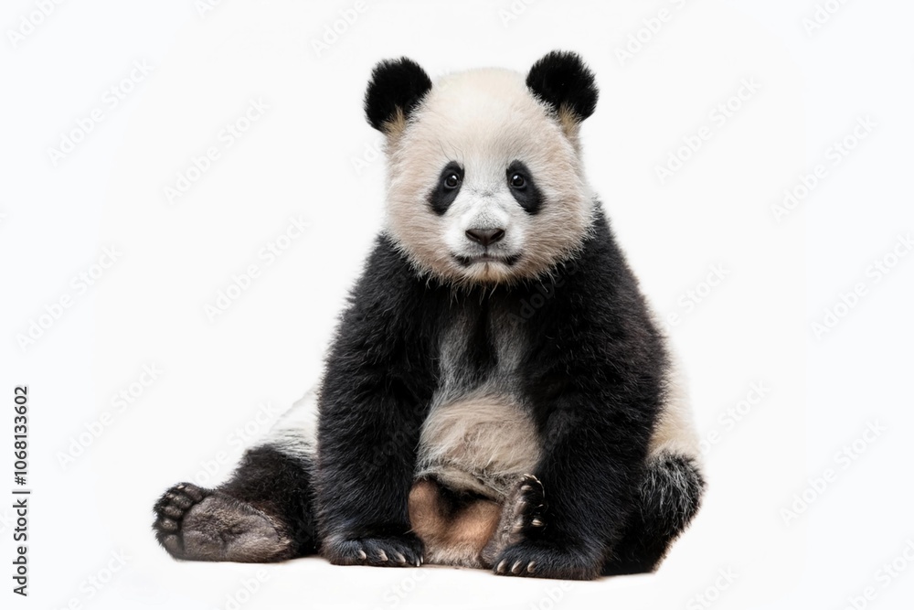 Cute baby giant panda (Ailuropoda melanoleuca) isolated on white background, also known as the panda bear or simply panda, is a bear species endemic to China.