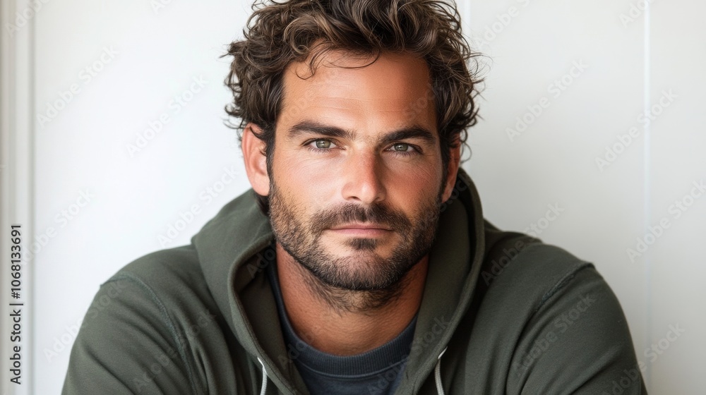Handsome Man Portrait Serious Expression Casual Hoodie Green Sweatshirt Handsome Man Portrait Serious Expression Casual Hoodie Green Sweatshirt