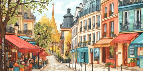 A colorful drawing showing charming streets in Paris. #1068133628